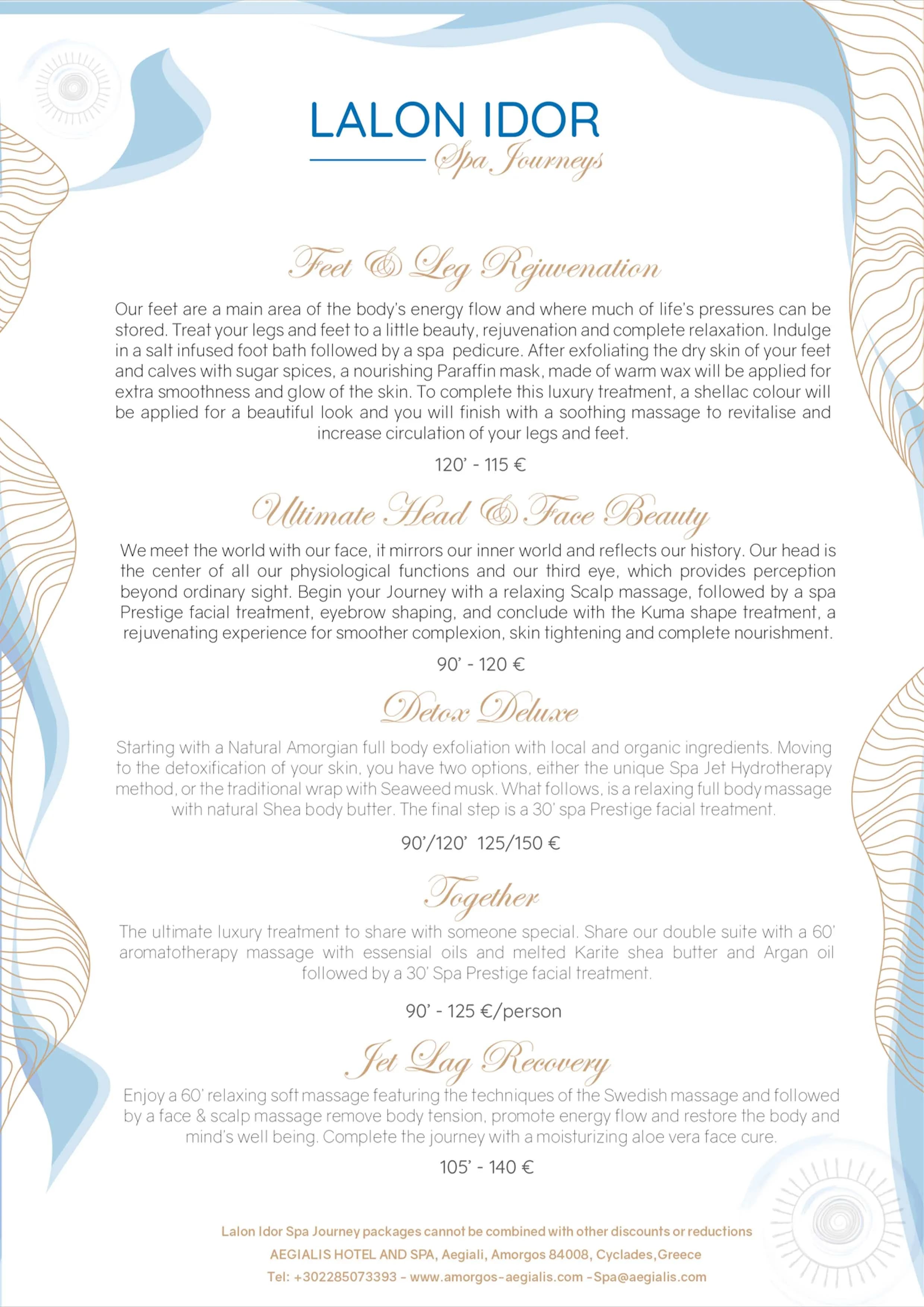 Spa Journeys — Lalon Idor Spa menu