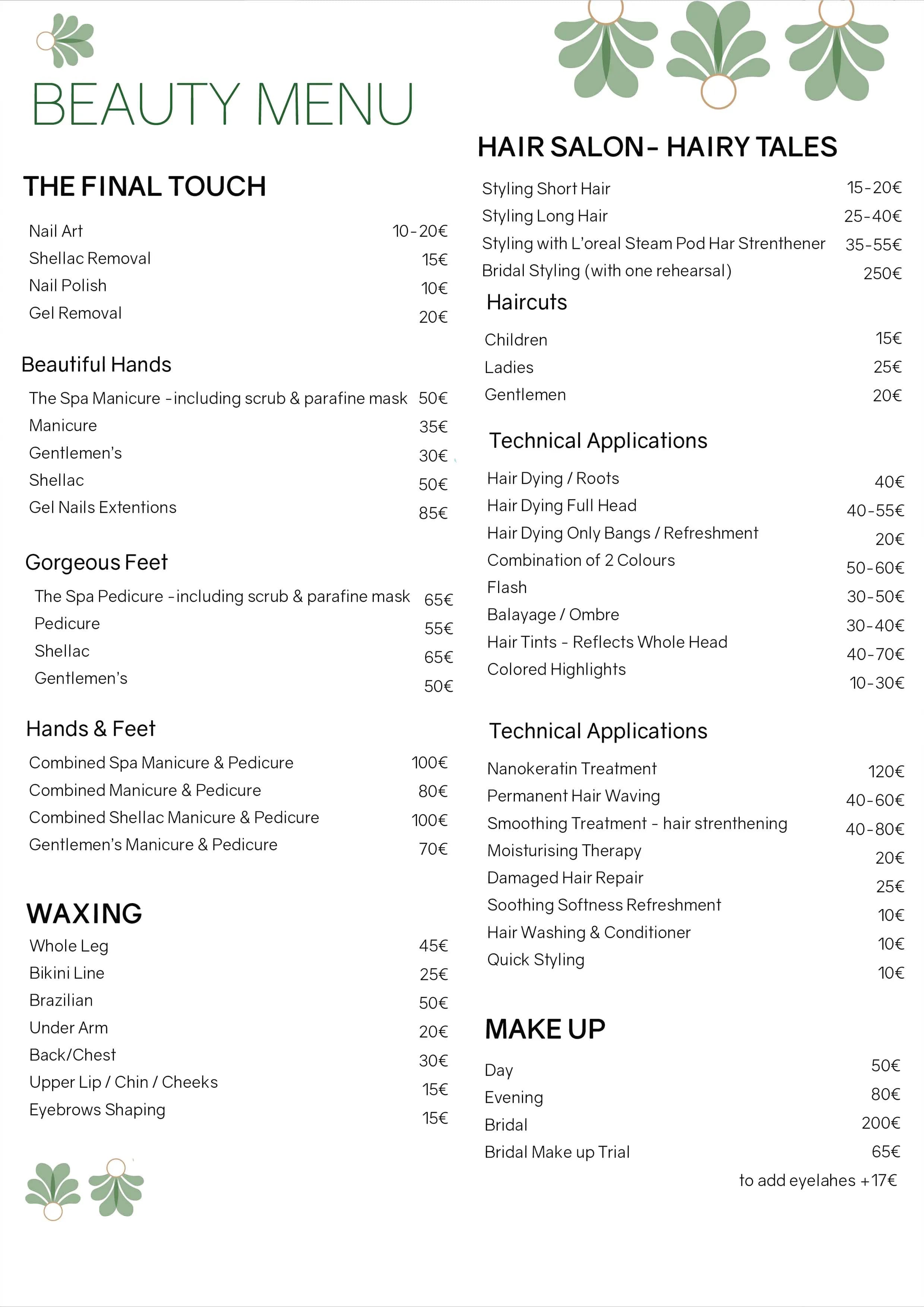 Beauty Menu — Lalon Idor Spa menu
