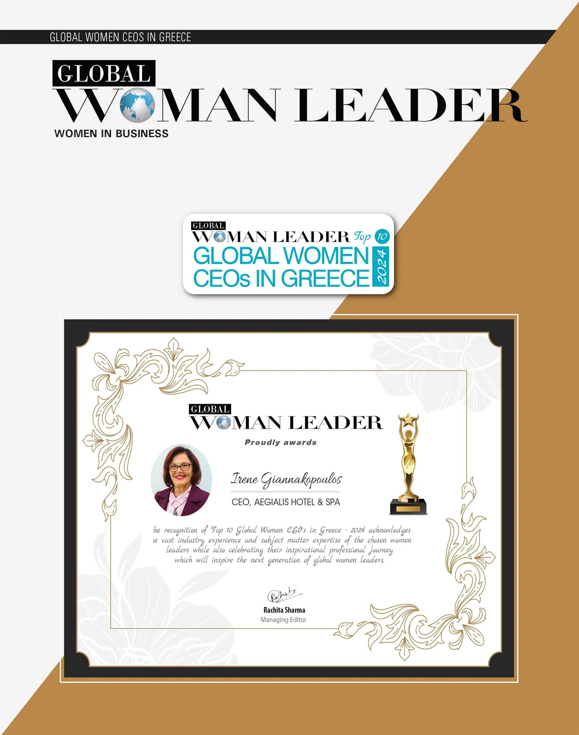 Global Woman Leader award certificate for Irene Giannakopoulos